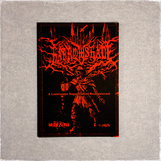 Zine cover in black and red, a hooded figure above a ruined town skyline
