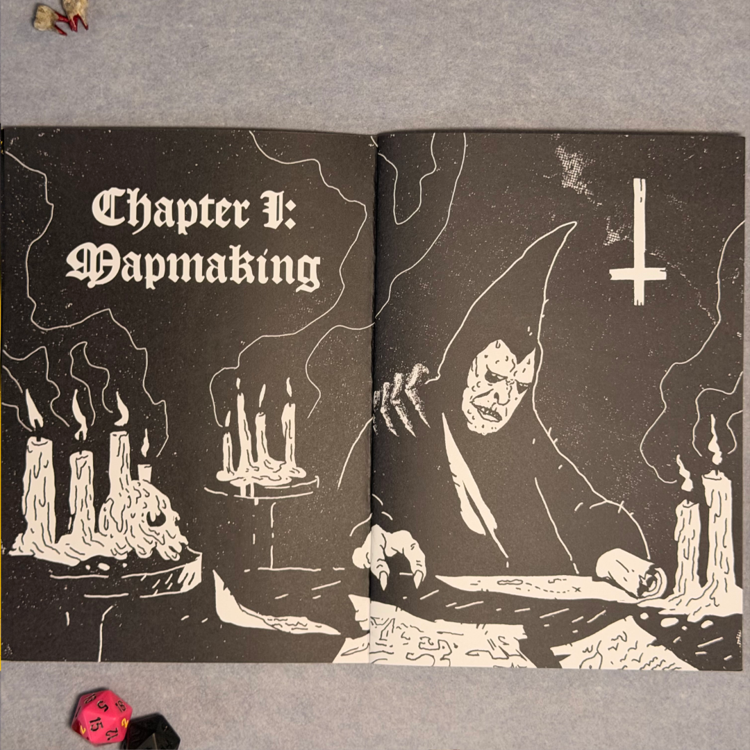Interior spread, Chapter I Mapmaking, with candles and a reaching skeletal hand