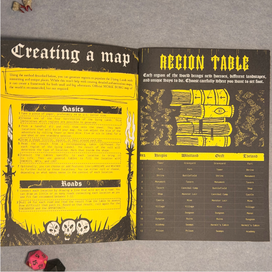 Interior spread showing map-making instructions beside a region table