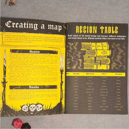 Interior spread showing map-making instructions beside a region table
