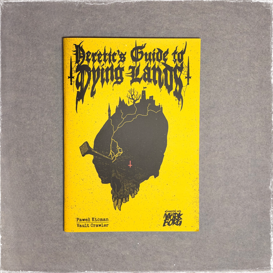 Zine cover in yellow and black, a severed head on a hilltop pierced by a red cross