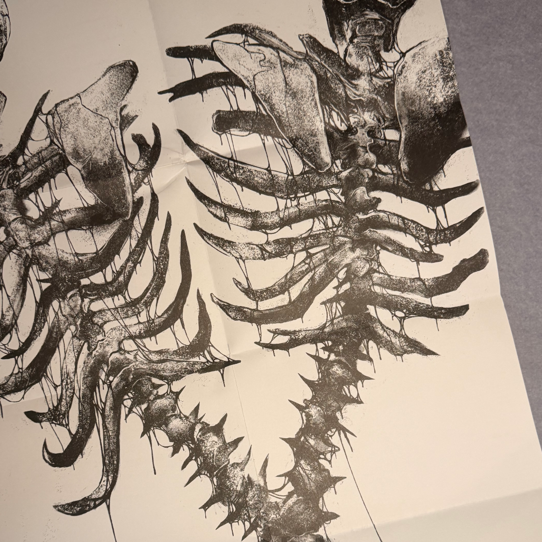 Poster detail of a skeletal spined creature in fine black ink