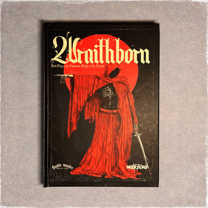 Black hardback cover with a red-robed skeletal figure against a red moon, front view