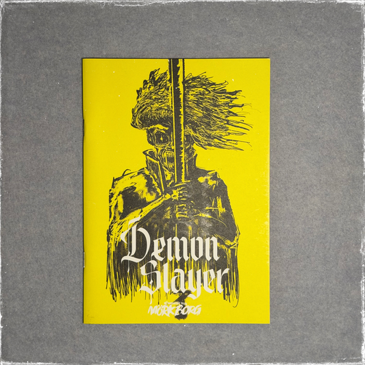 Yellow cover with a black ink skull-faced figure holding a sword, front view