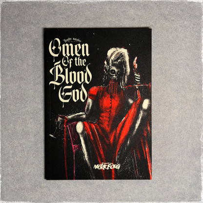 Black cover with a figure in a red gown and a skull mask, front view