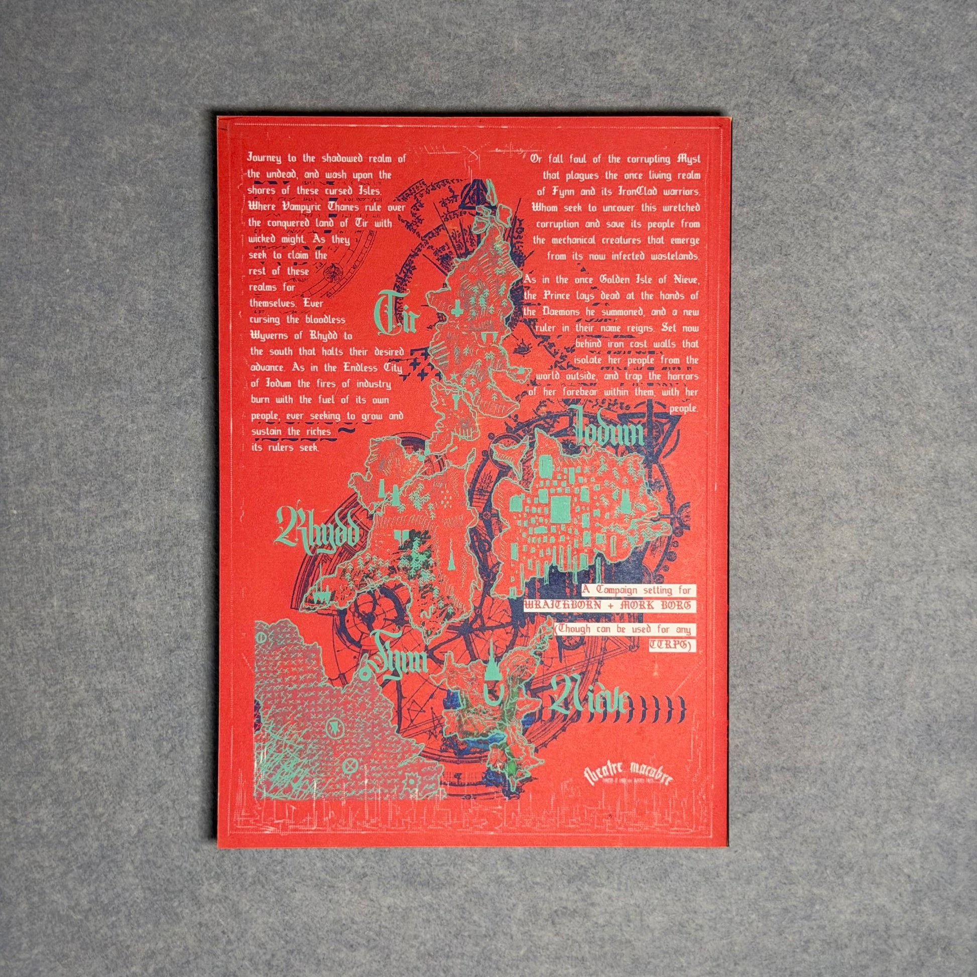 Back cover in red with a green map of the five realms and setting text