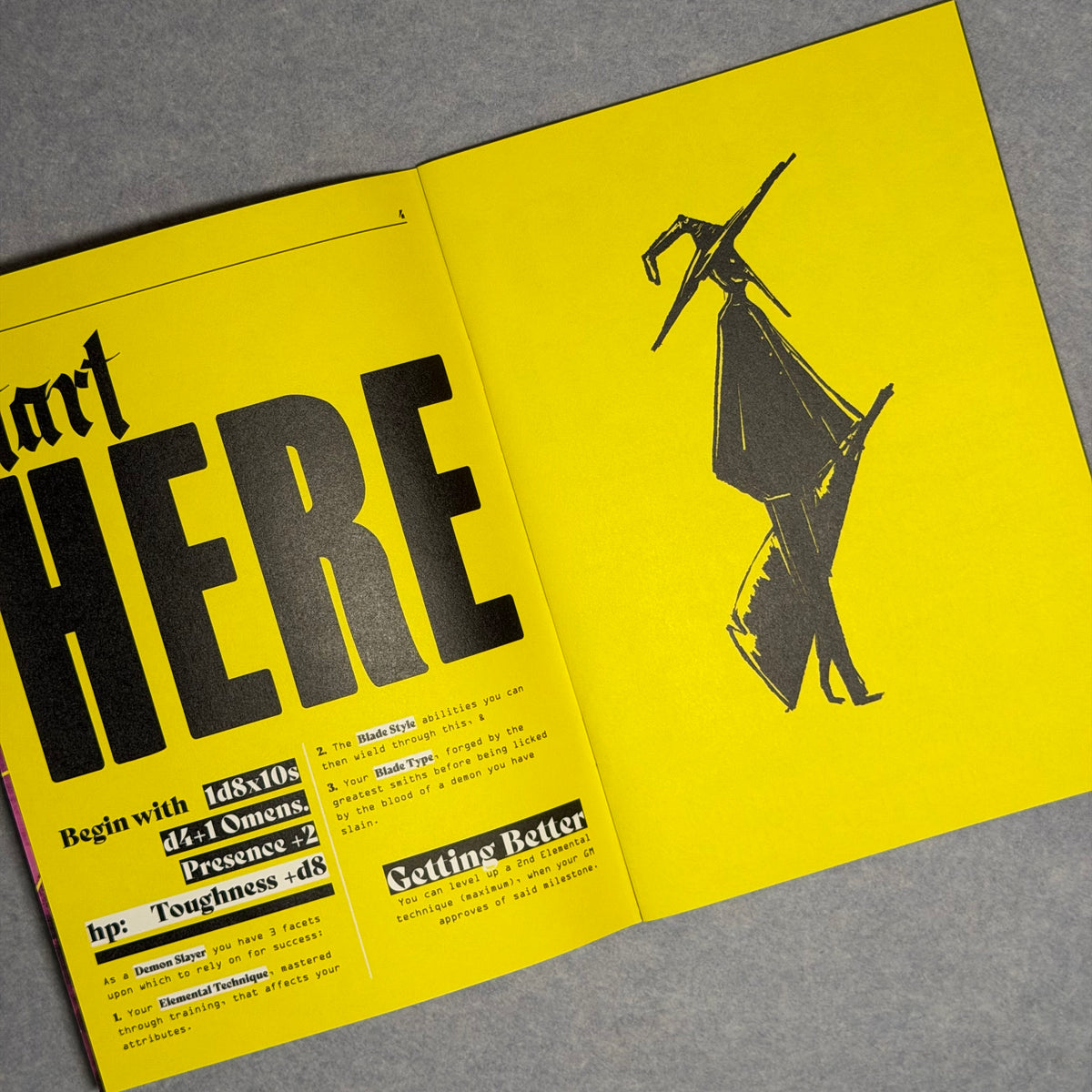 Interior spread, the Start Here character rules beside a black ink figure