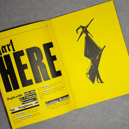 Interior spread, the Start Here character rules beside a black ink figure