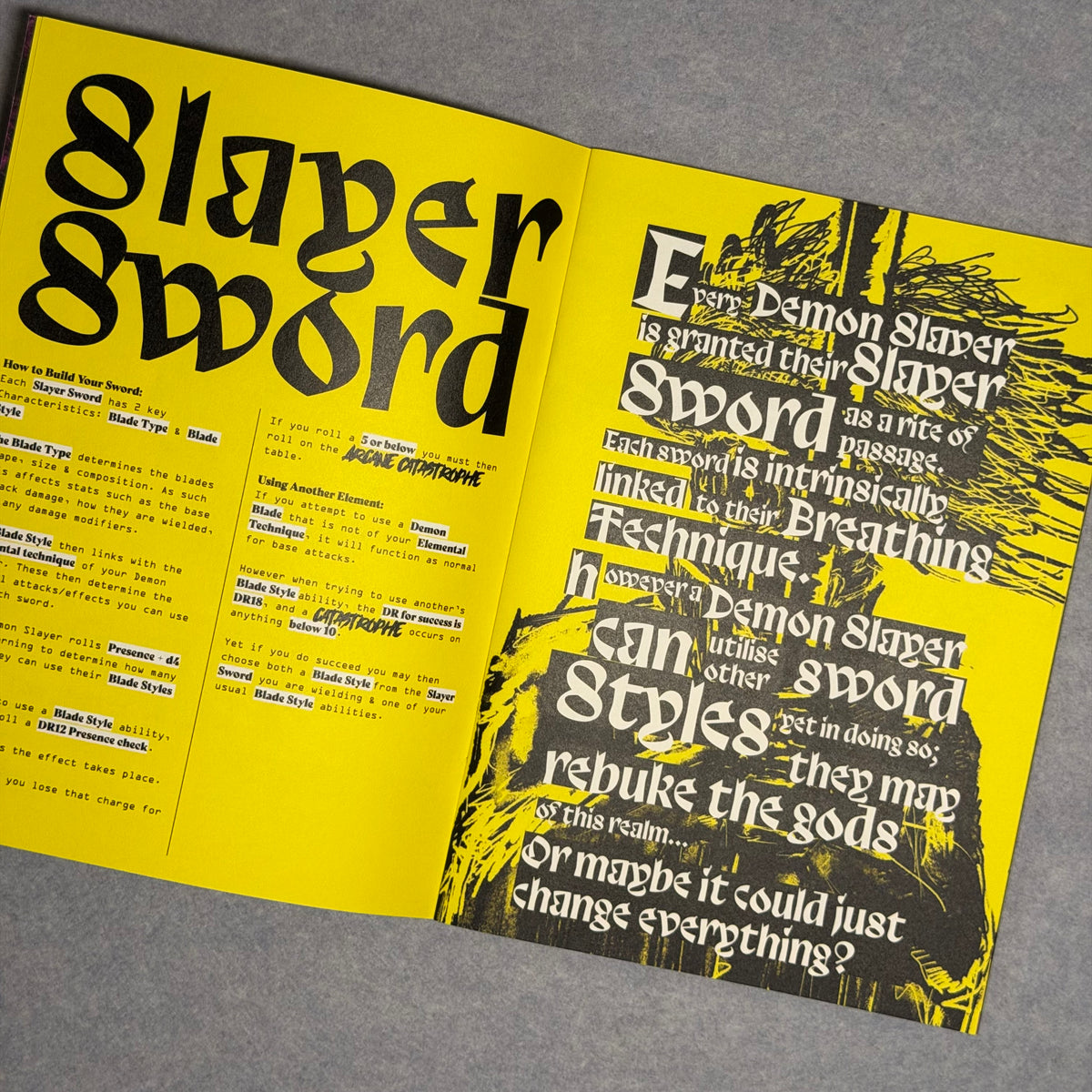 Interior spread, the Slayer Sword rules beside heavy black display lettering