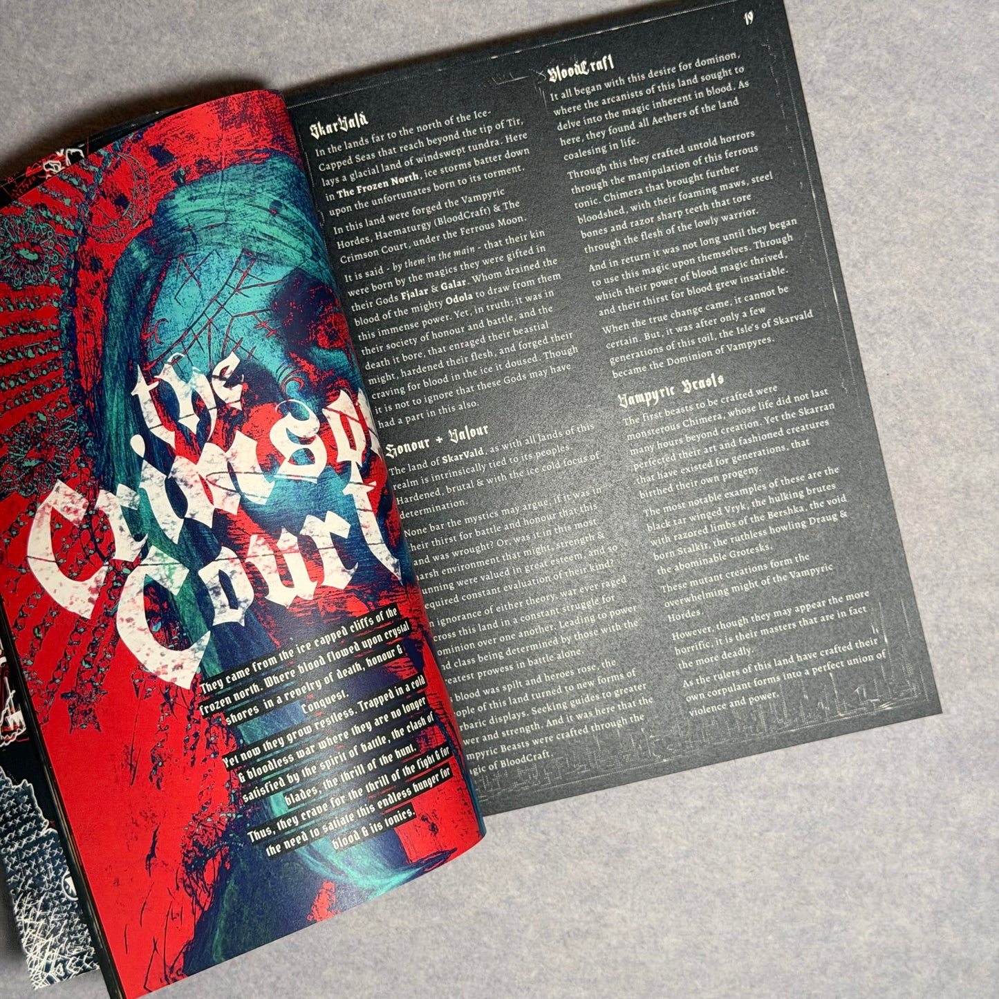 Interior spread, The Crimson Court title page beside the Vampyric Souls text