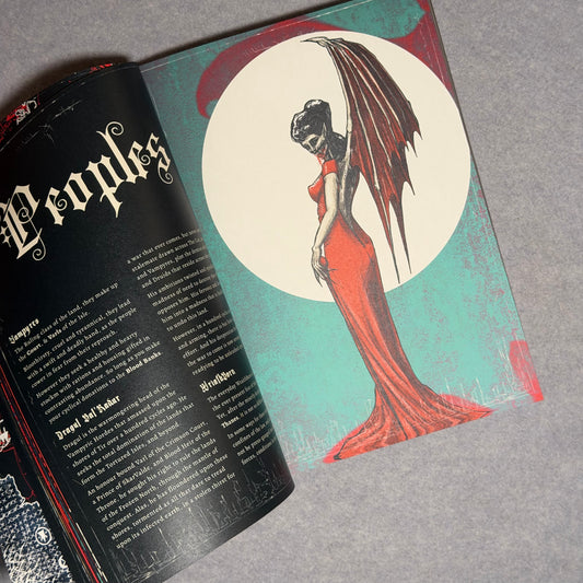 Interior spread, the Peoples chapter beside a winged figure in a red gown on teal