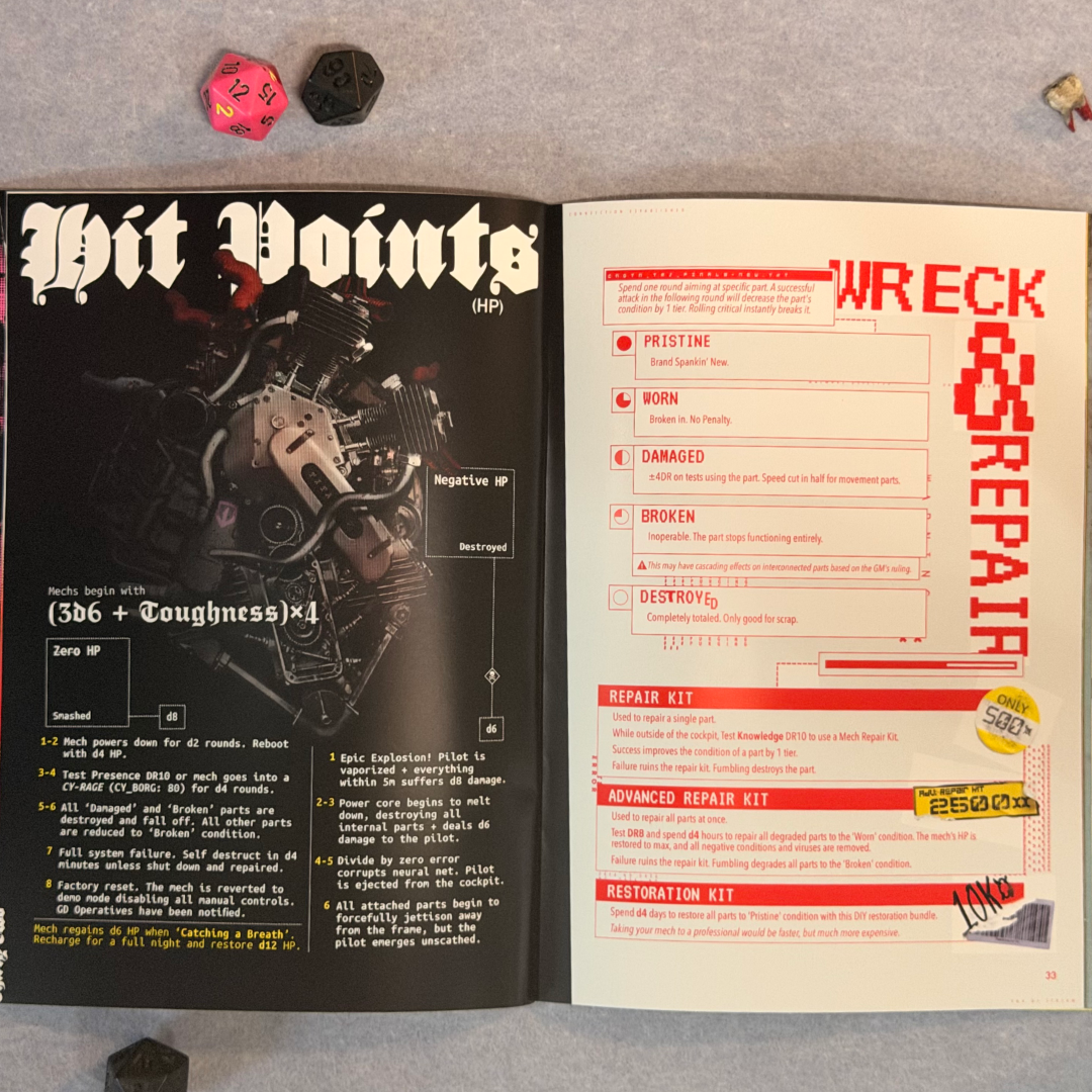 Interior spread, Hit Points rules beside a red Wreck and Repair page