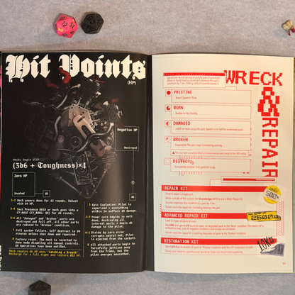 Interior spread, Hit Points rules beside a red Wreck and Repair page
