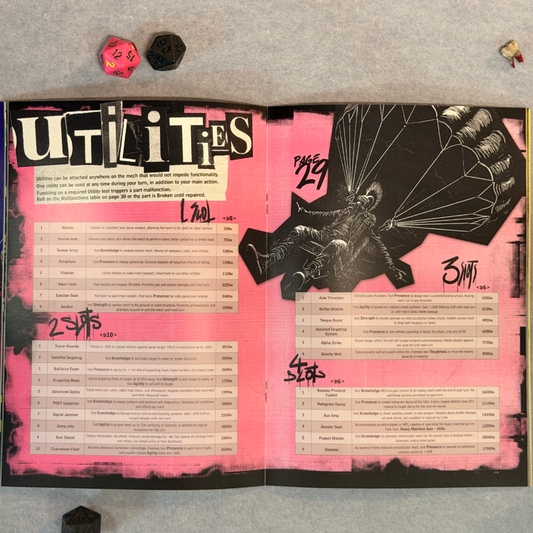 Interior spread, Utilities tables in pink and black with a descending mech