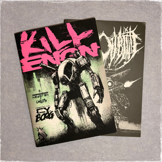 Both zine covers fanned out, a pink and green mech on Kill ENGN over the Cast Oubliette cover