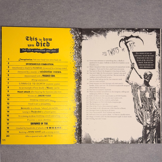 Interior spread, This is How You Died table in yellow beside a Twists of Fate page
