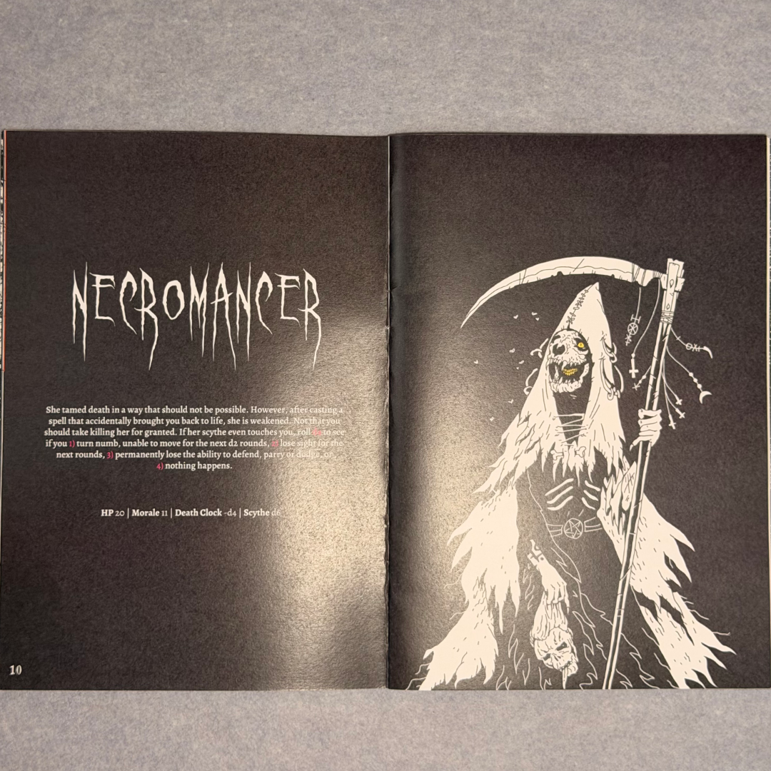 Interior spread, the Necromancer entry beside a white-robed reaper illustration