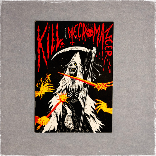 Zine cover in black, red, and yellow, a robed reaper with a scythe and glowing hands