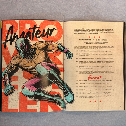 Interior spread, the Pro Wrestler class in orange and teal
