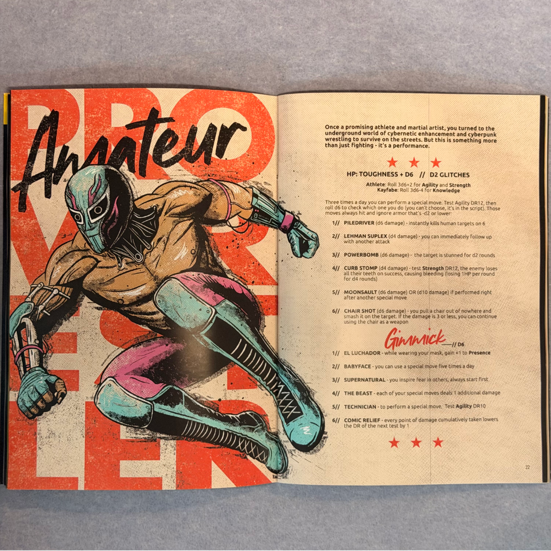 Interior spread, the Pro Wrestler class in orange and teal