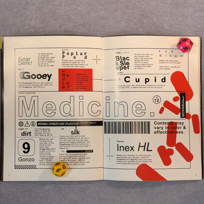 Interior spread of pill entries laid out as a pharmaceutical catalogue