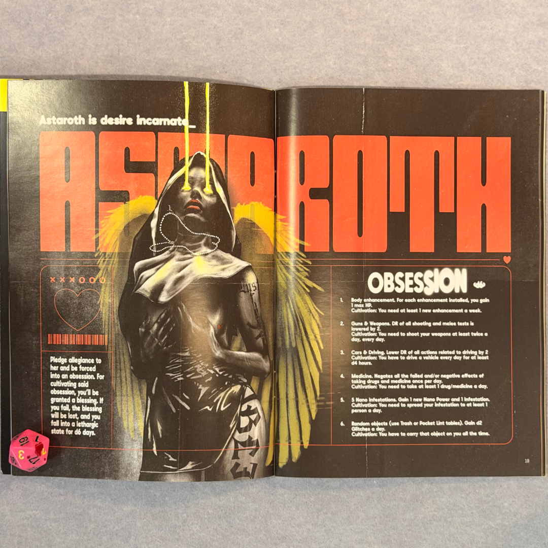 Interior spread, Asmoroth the desire god beside an Obsession table