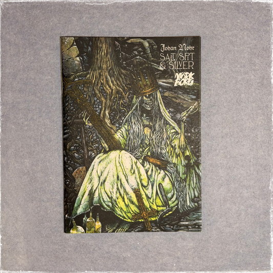 Zine cover, a pale robed figure among tangled roots and branches