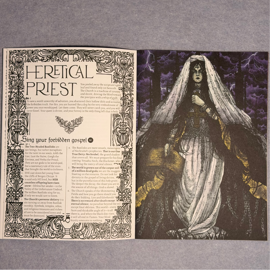 Interior spread, the Heretical Priest tables beside a veiled figure in white