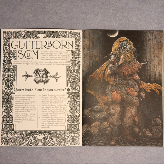 Interior spread, the Gutterborn Scum tables beside a bearded figure standing on skulls