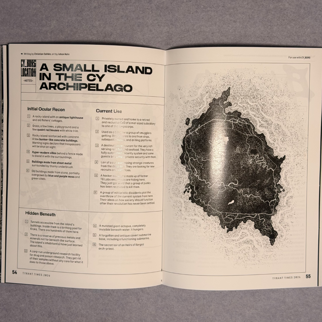 Interior spread, A Small Island in the CY Archipelago, beside an inked island map
