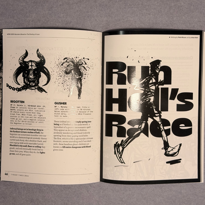 Interior spread with Begotten and Gusher entries beside Run Hell's Race lettering