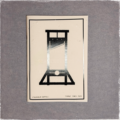 Zine cover in black and white, a guillotine standing against a pale sky