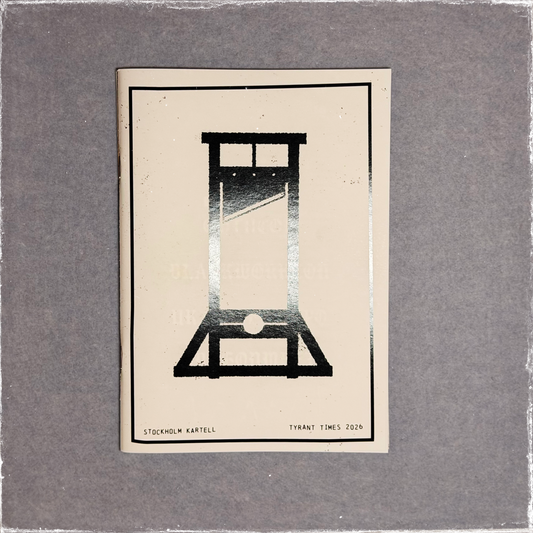 Zine cover in black and white, a guillotine standing against a pale sky
