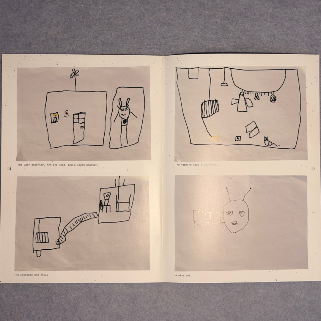 Interior spread of hand-drawn child's dungeon maps