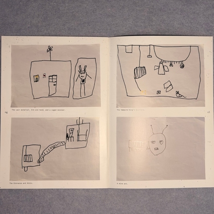 Interior spread of hand-drawn child's dungeon maps