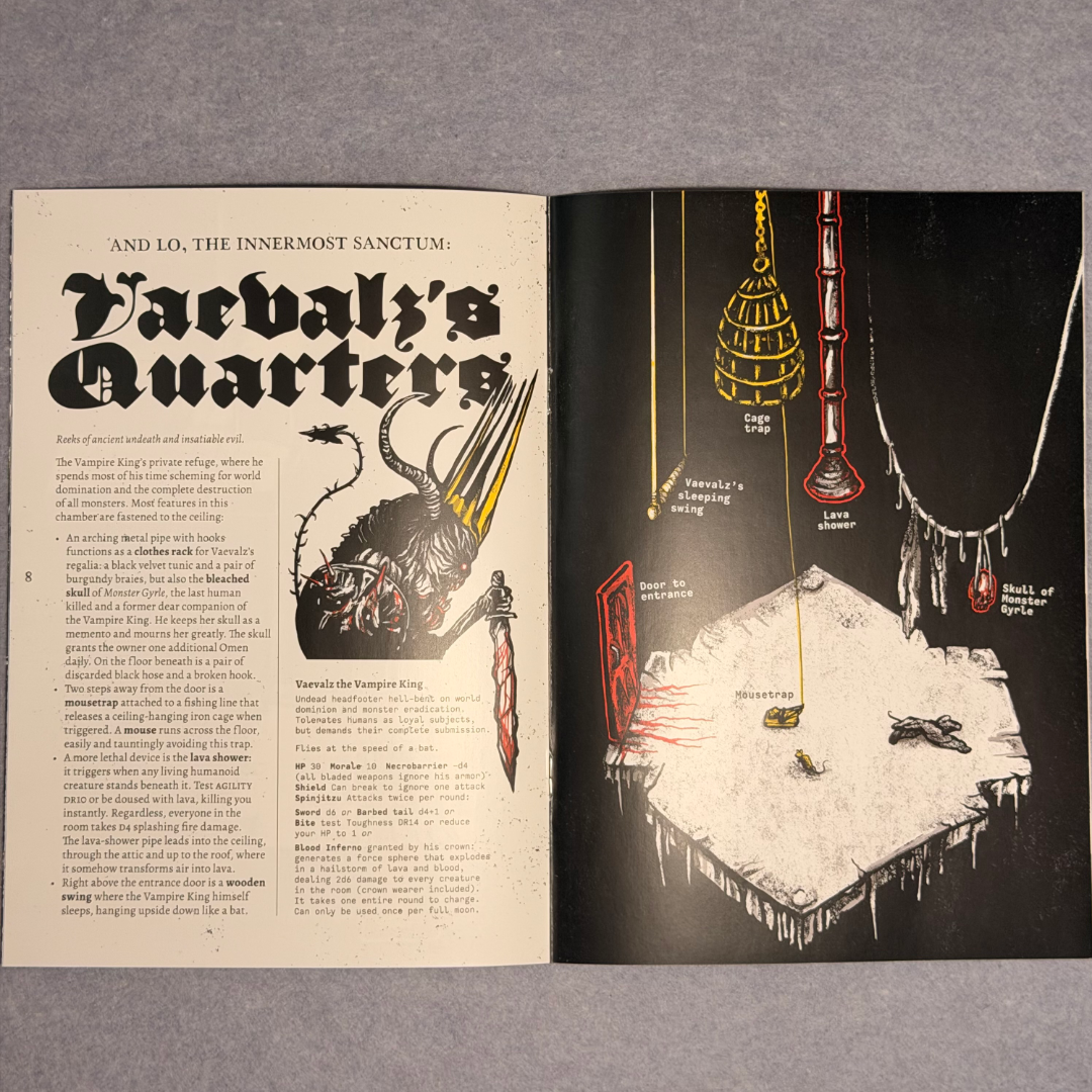 Interior spread, Vacvalt's Quarters, beside a treasure room illustration