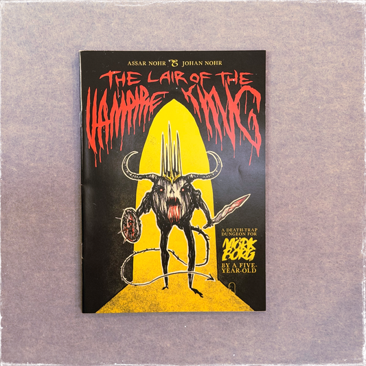 Zine cover in yellow, red, and black, a horned vampire holding a sword in a doorway