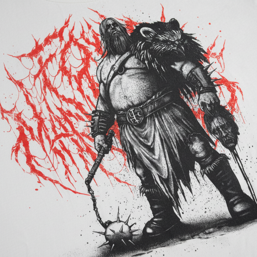 Close-up of a light tee with a bearded armored warrior holding a spiked mace, red splatter graphic behind him