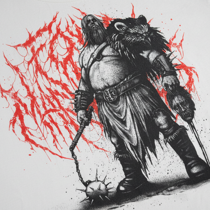 Close-up of a light tee with a bearded armored warrior holding a spiked mace, red splatter graphic behind him