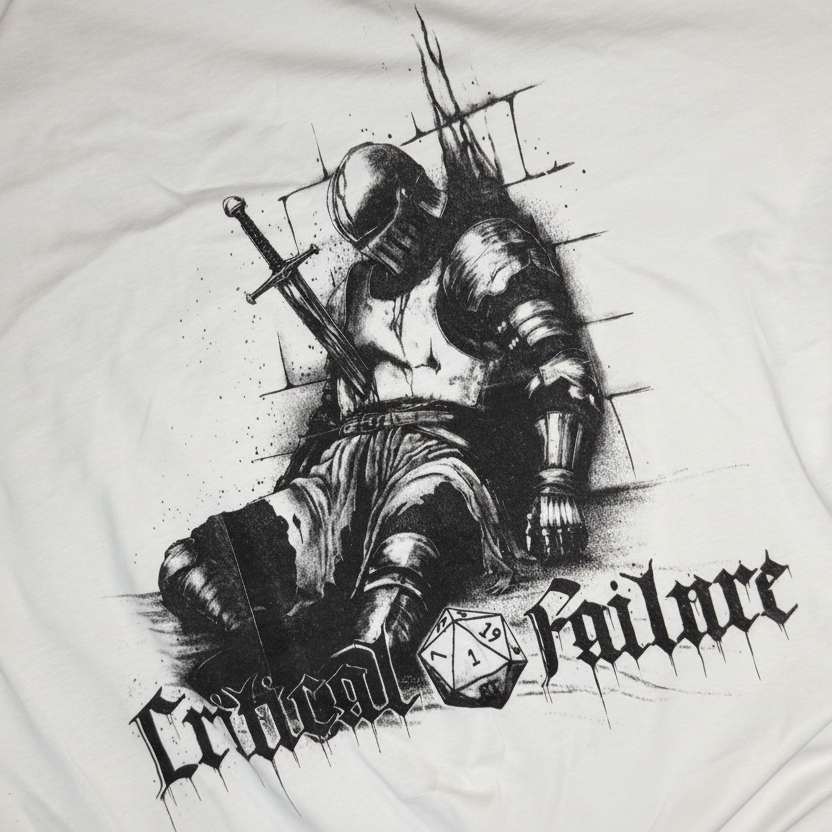 Close-up of a white tee with a black ink kneeling armored knight, a sword, a d20 and gothic Critical Failure text