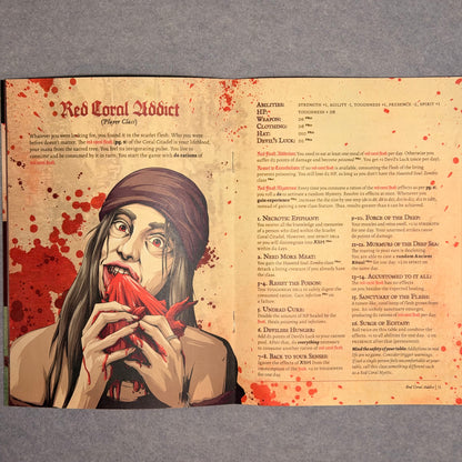 Open spread for the Red Coral Addict class, with a figure eating red coral