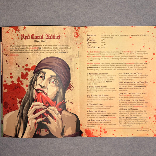 Open spread for the Red Coral Addict class, with a figure eating red coral