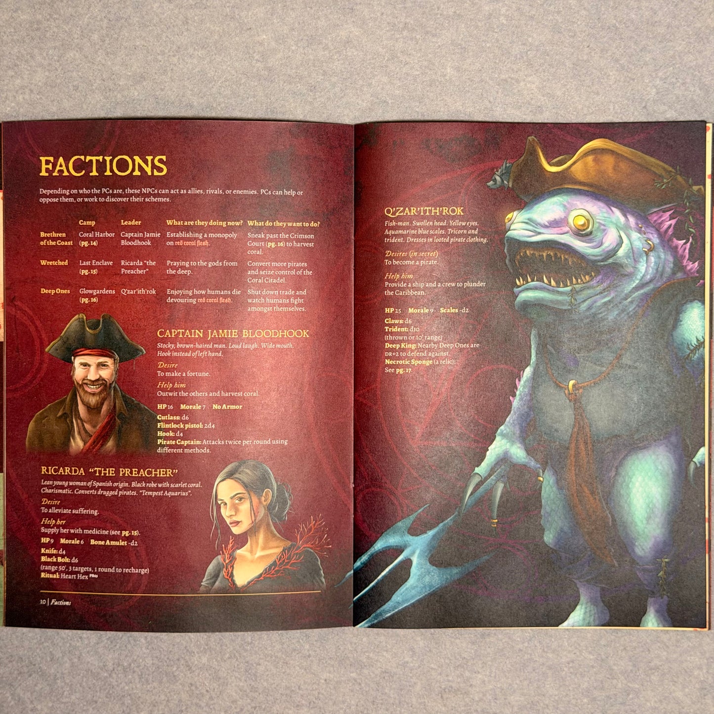 Open spread titled Factions, with faction tables and a Deep One illustration