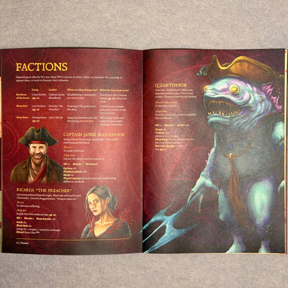 Open spread titled Factions, with faction tables and a Deep One illustration