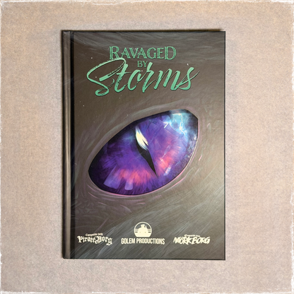 Ravaged by Storms hardback front cover, a violet serpent eye set in black