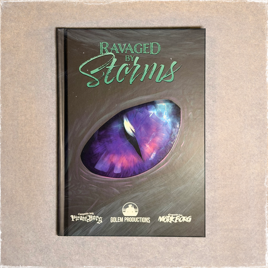 Ravaged by Storms hardback front cover, a violet serpent eye set in black