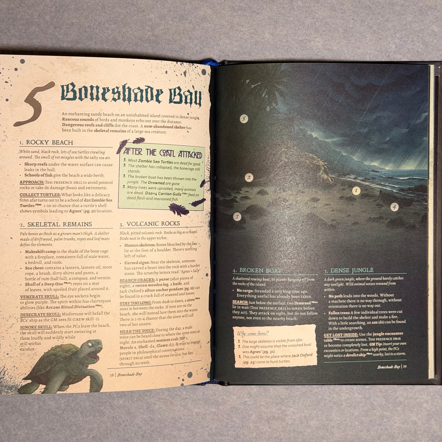 Open spread for the Boneshade Bay location beside a painting of a storm over open water