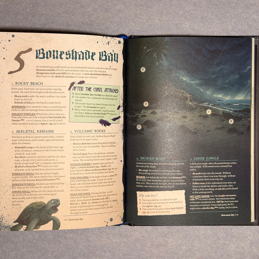 Open spread for the Boneshade Bay location beside a painting of a storm over open water