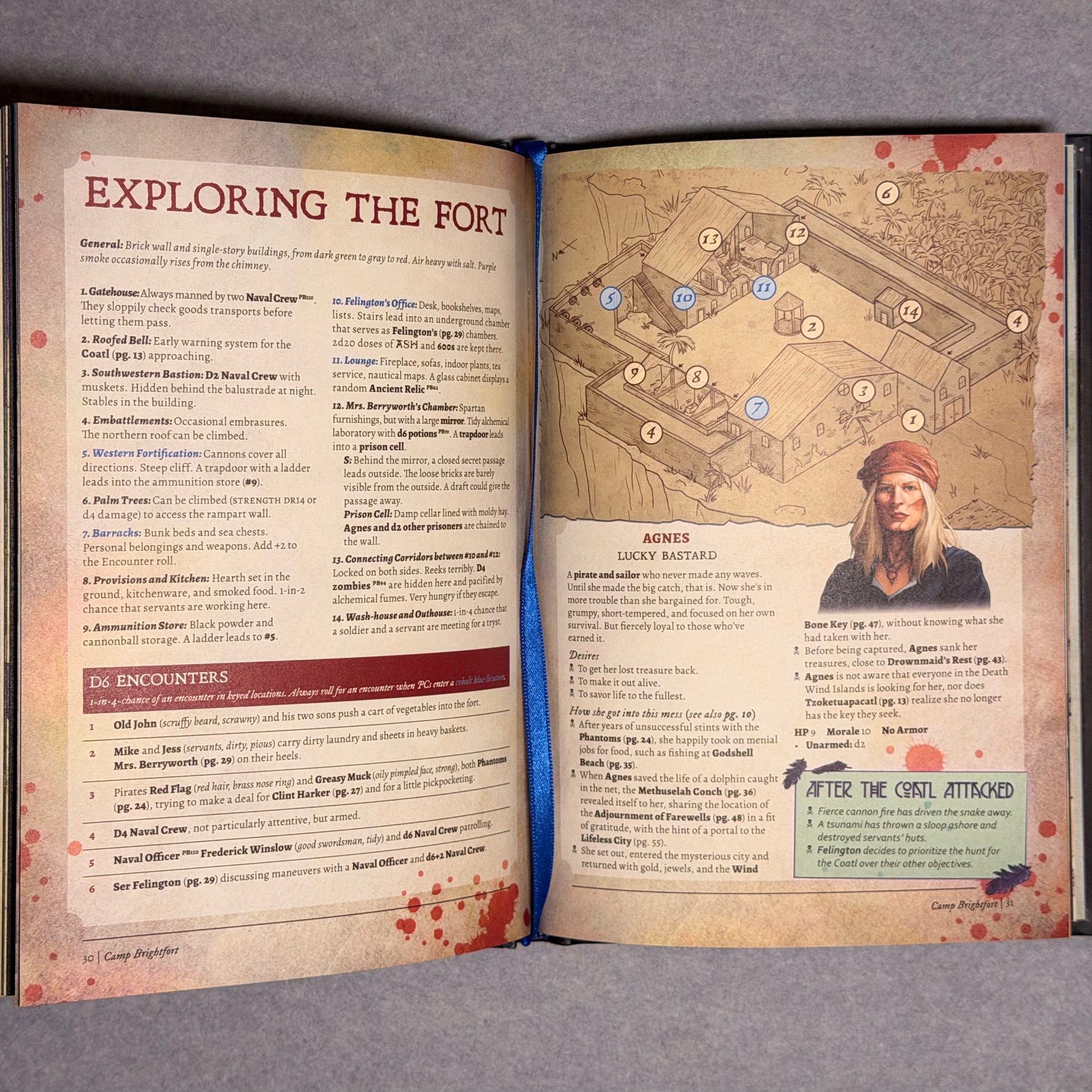Open spread titled Exploring the Fort, with an isometric fort map and an NPC portrait