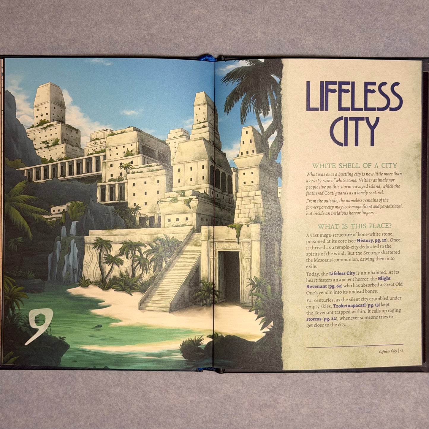 Open spread titled Lifeless City, showing bone-white ruins and waterfalls among palms